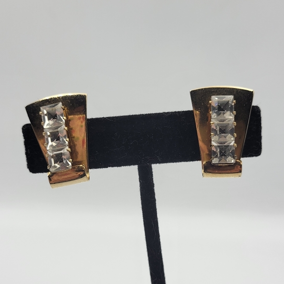 Vintage goldtone art deco clip on CZ earrings - Picture 5 of 8